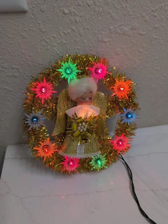 Vintage Light Up Angel Wreath Gold Tinsel Flashing Lights Retro Christmas 7” - Picture 5 of 12